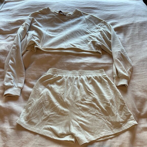 Beige Botany Cream French Terry Crop Crewneck Sweatshirt and Sweatshort Set, in - Picture 6 of 6